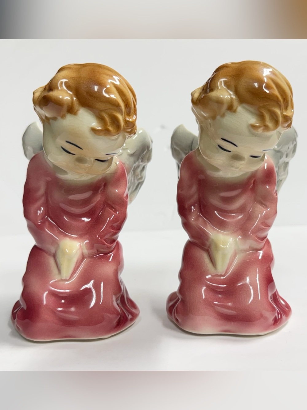 Vintage Ceramic Praying Angel Candle Holders Pair Pink White Wings Figurines